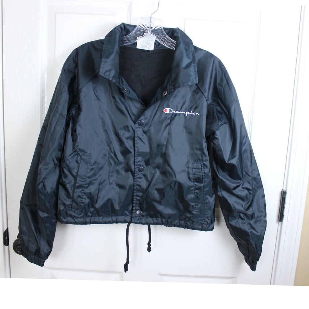 Champion Womens Black Cropped Windbreaker Jacket Large Back Logo Small JL0334